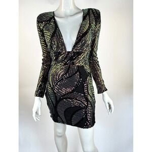 Love & Lemonade Sequin Long Sleeve Dress Women M NWT Deep V-neck Mini Bodycon
